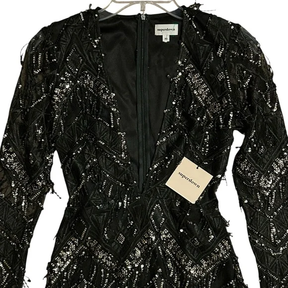 SUPERDOWN NWT Black Long Sleeve Nia Sequin Fringe Mini Dress XS - Picture 5 of 16